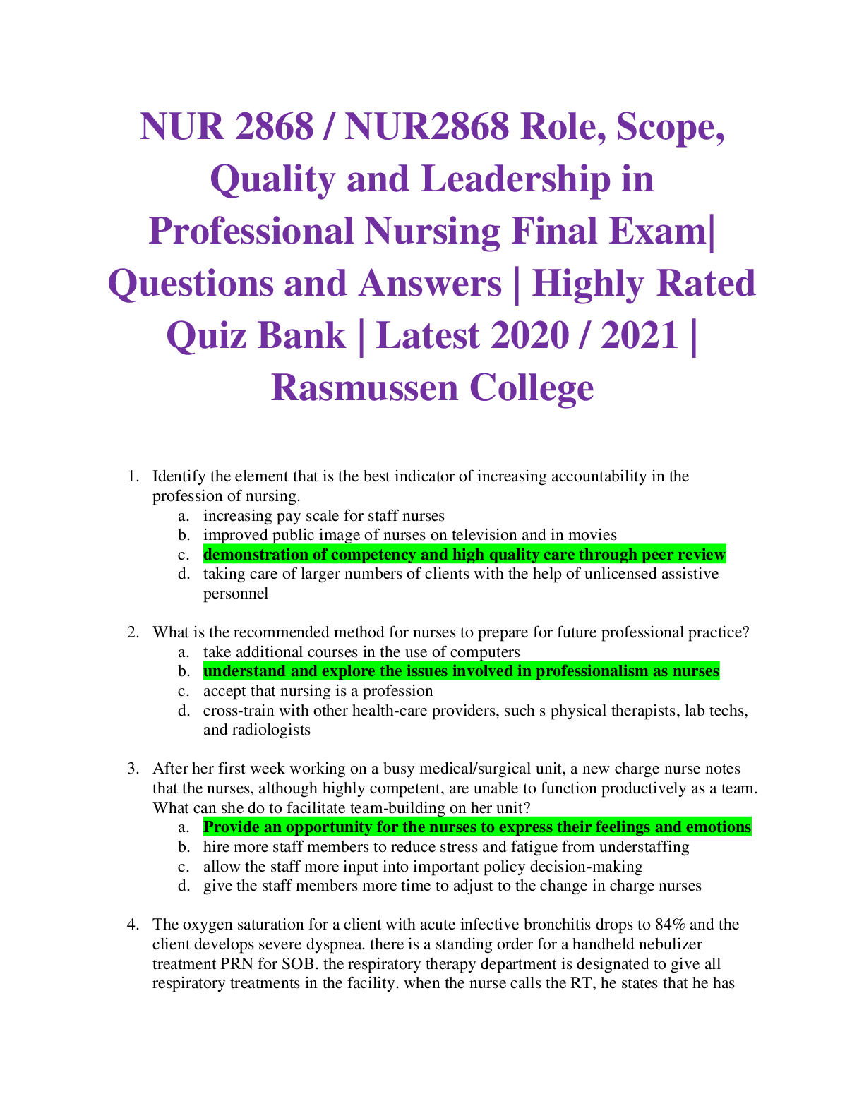 NUR 2868 / NUR2868 Role, Scope, Quality and Leadership in Professional Nursing Final Exam| Questions and Answers | Highly Rated Quiz Bank | Latest 2020 / 2021 | Rasmussen College